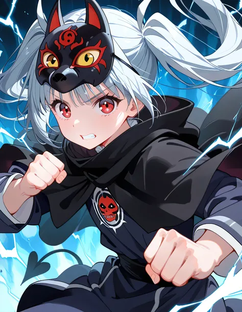 solo,sideview,looking at viewer:1.3,dynamic fighting stance pose+,(closed up face),looking at viewer,The cloak, (the demon mask), attack action,the black cloak, the darkness lurking in the chapel, the dynamic angles, the strange presence,pastel blue long t...