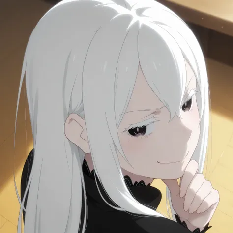 echidna rezero, looking confident, head tilt, smug face, hand on chin, 1 girl, view from above, looking at back, dynamic angle