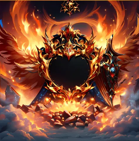 close-up of a lion with wings and shield, has a royal badge in the background, is gorgeous with a fire explosion, , Holy Fire Crown Spell, Fire Lion, 8k highly detailed ❤️🔥 🔥 💀 🤖 🚀, Gorgeous border + Concept map, 8k Very detailed ❤🔥 🔥 💀 🤖 🚀, Avatar 1024p...