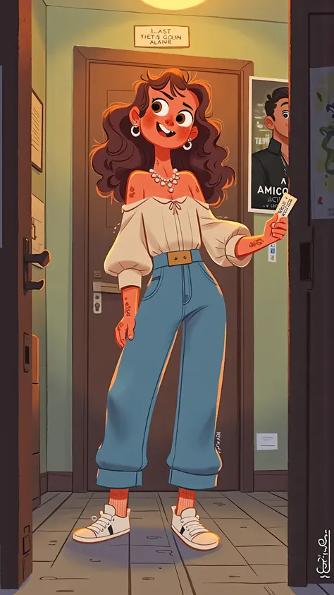 A beautiful and elegant woman standing in the cloakroom,A ticket in hand;long brown wavy curls,brown eyes,wearing a white strapless top and blue denim pants,white sneakers。, the poster of the male idol singer is still hanging in the room,but it's faded。 il...