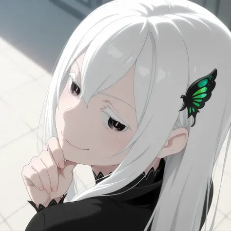 echidna rezero, looking confident, head tilt, smug face, hand on chin, 1 girl, view from above, looking at back, dynamic angle