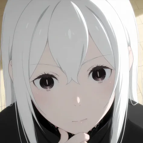 echidna rezero, looking confident, head tilt, clueless expression, hand on chin, 1 girl, view from above, looking at back, dynamic angle