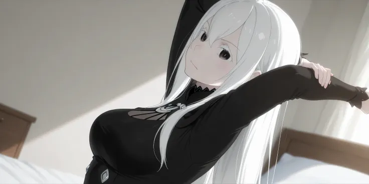 echidna rezero, looking confident, head tilt, 1 girl, view from side, dynamic angle, dynamic pose, stretching, arms up, on bed
