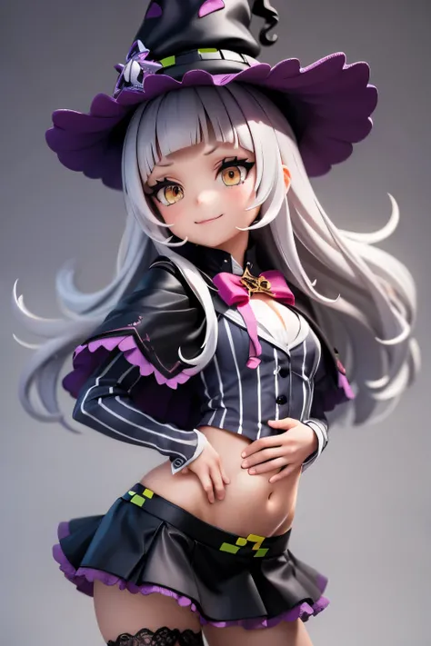 solo, masterpiece, Highest Quality, Good move, , smile, closed mouth, belly button, superior, fashion, 1 girl, long hair, (Knot:1.1), Short eyebrows, small breasts, headband, Witch's Hat, pink bow tie, Black Capelets, pinstripe shirt, long sleeve, superior...
