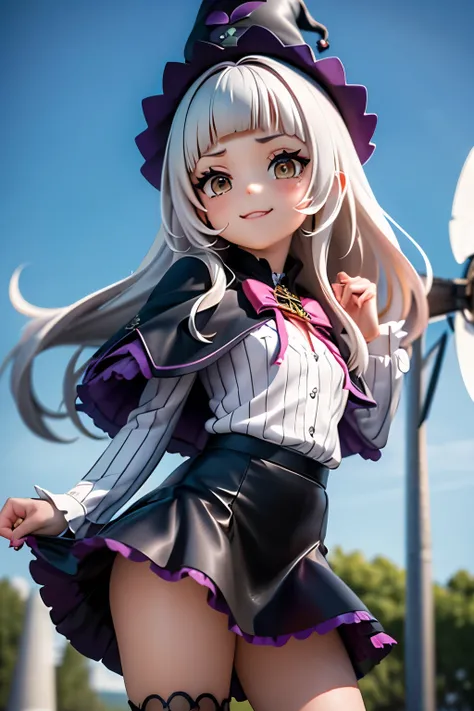 masterpiece, Highest Quality, high definition, fashion, 1 girl, long hair, (Knot:1.1), Short eyebrows, small breasts, headband, Witch's Hat, pink bow tie, Black Capelets, pinstripe shirt, long sleeve, superior, black skirt, miniskirt, striped thigh socks, ...