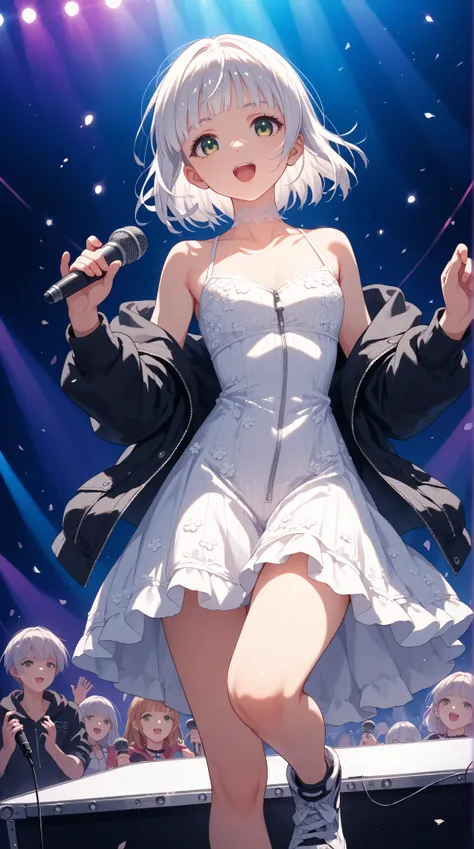 Anime style beautiful girl with white hair, medium hair, straight hair, neon green eyes, black hooded jacket, hood is large and covers her head, jacket zipper is silver and left open, jacket cuffs are ribbed and slightly longer, white mini dress, dress has...