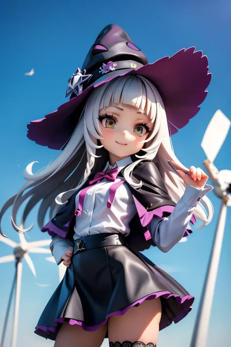 masterpiece, Highest Quality, high definition, fashion, 1 girl, long hair, (Knot:1.1), Short eyebrows, small breasts, headband, Witch's Hat, pink bow tie, Black Capelets, pinstripe shirt, long sleeve, superior, black skirt, miniskirt, striped thigh socks, ...