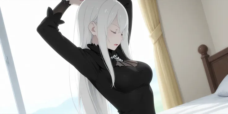 echidna rezero, looking confident, head tilted down , closed eyes, open mouth, 1 girl, view from side, dynamic angle, dynamic pose, stretching, arms up, on bed
