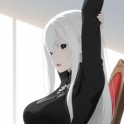 echidna rezero, looking confident, looking at viewer, open mouth, 1 girl, view from side, dynamic pose, stretching, arms up, sitting on chair