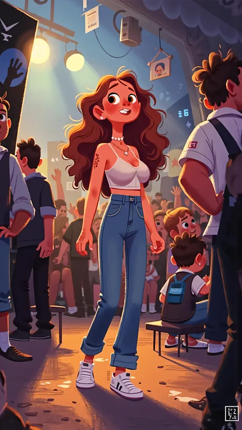 Concert entrance,a beautiful and elegant woman,long brown wavy hair,brown eyes,wearing a white strapless top and blue jeans,white sneakers。walking in the crowd,Lights flickering,Surrounded by fans、poster、commemorating the surrounding stalls。 illustration s...