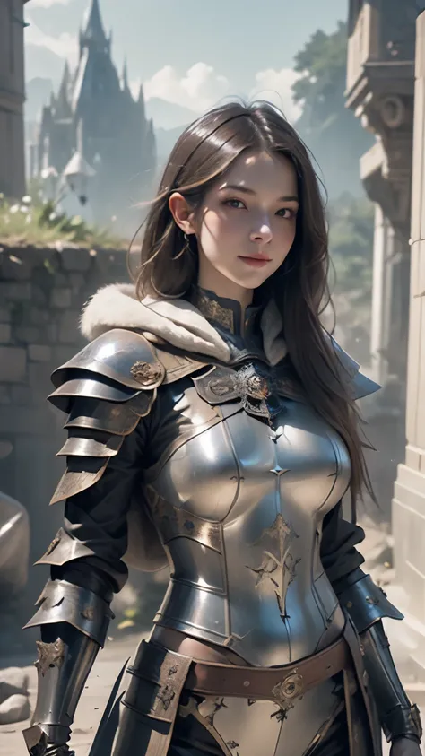 ((front facing)), Game Art，Best Picture Quality，highest resolution，32k，()，(portrait)，( close-up head )，(Rule of Thirds)， Unreal Engine 5 Render， (Future Girl)，(Female Warrior)，  20 year old girl，sexy,  Elegant smile,  short hair, ((hunter, Marshal Gunner))...