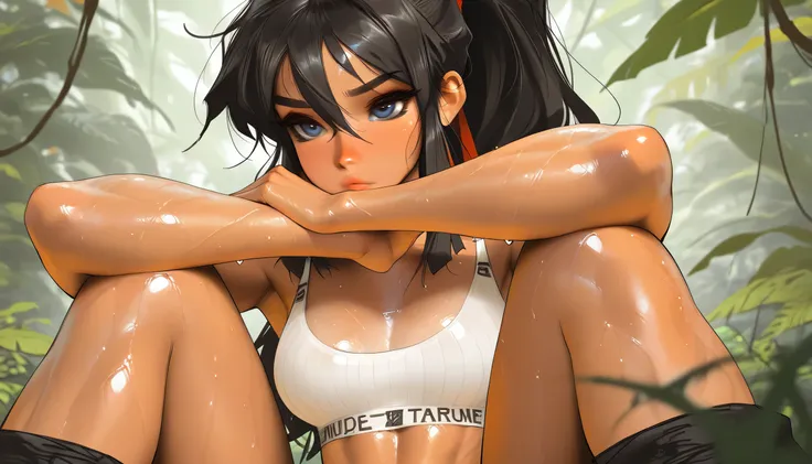 masterpiece, best quality, very aesthetic, movie quality, depth of field,soft saturation, focused subject, ,official style, shiny skin, secret mission, bra, thong, 1girl,, black hair, blue eyes, hair between eyes, long ponytail, (tan skin, dark-skinned fem...