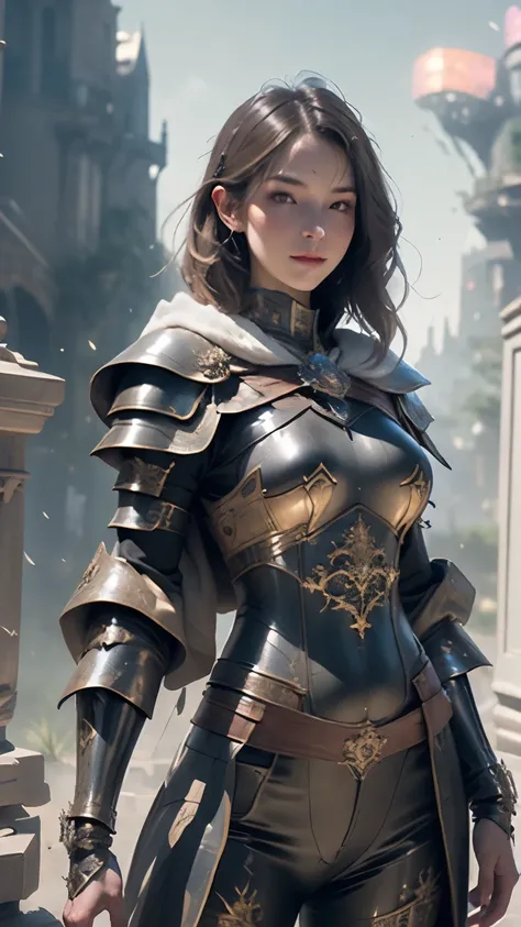 ((front facing)), Game Art，Best Picture Quality，highest resolution，32k，()，(portrait)，( close-up head )，(Rule of Thirds)， Unreal Engine 5 Render， (Future Girl)，(Female Warrior)，  20 year old girl，sexy,  Elegant smile,  short hair, ((hunter, Marshal Gunner))...