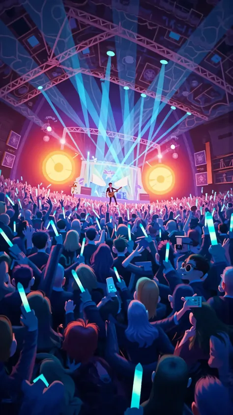 Large Panorama,wide-angle lens,A vibrant indoor concert,The stage lighting is colorful,blue glow sticks like waves in the audience,The perspective extends from behind the crowd to the stage,High energy and warm atmosphere,cinematic lighting effects,ultra-d...