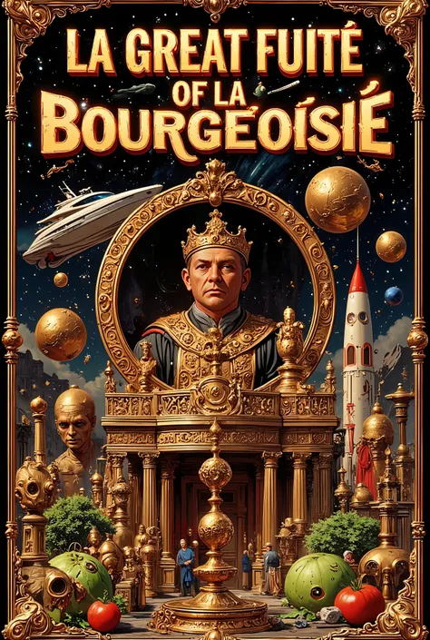 A whimsical and crazy poster with the title : "LA GREAT FUITE OF LA BOURGEOISIE" In font, capital letter 3D in solid gold. Avec dans le décor : des mallettes de billets d’argent et des lingots d’or, un milliardaire en personnage principal, un Yacht, des fl...