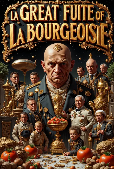 A whimsical and crazy poster with the title : "LA GREAT FUITE OF LA BOURGEOISIE" In font, capital letter 3D in solid gold. Avec dans le décor : un milliardaire en personnage principal avec des billets d’argent et des lingots d’or avec son Yacht, police off...