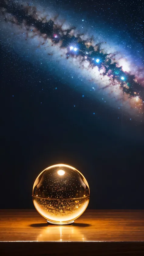 Look at the stardust、 crystal ball、On the desk、bright room、High Quality、Masterpiece、ultra high definition、realistic、photoreal、HDR、UHD、studio lighting、Detailed depiction of orders of magnitude、Professional、Vivid colors、Bokeh Night sky background