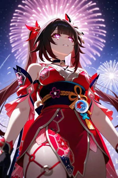 sparkle honkai star rail, Dramatic low angle shot, looking up at a subject's face from below. Emphasize a powerful, cinematic perspective.