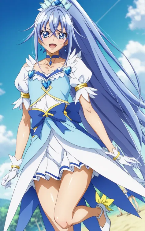 score 9 、score 8 up、score 7 up、source anime、傑作、最高品質、高解像度、anime coloring、1boy、cure diamond、(male:1.olo、boy is wearing a blue dress、long blue hair boy、sparking blue eyes、high long ponytail hair、dia shape hair ornament、solo、sapphire prince、anime prince、 blue ...