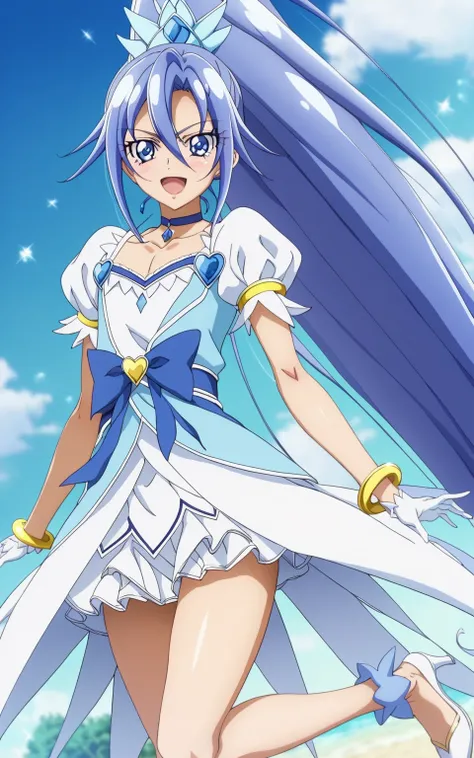 score 9 、score 8 up、score 7 up、source anime、傑作、最高品質、高解像度、anime coloring、1boy、cure diamond、(male:1.olo、boy is wearing a blue dress、long blue hair boy、sparking blue eyes、high long ponytail hair、dia shape hair ornament、solo、sapphire prince、anime prince、 blue ...