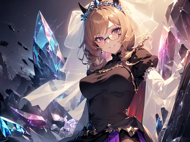 (Sister Princess:2), (Solo, Alone, Girl, Horse Ears, Sitting Punishment, Arms on Crotch, Glasses, Blonde, Super Long Hair, No Ears, Piercing Eyes, Intense Smile, Breasts Hidden by Clothes, 3/4 Sleeves, See-through Black Lace Long Wedding Dress, High Waist ...
