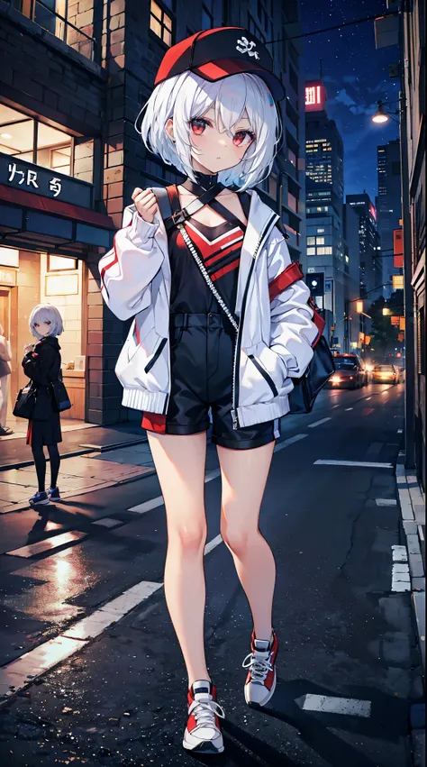 top grade 、white hair、short hair,red eyes、Beautiful Girls、Petite、,flat chested,(,jersey,sneakers, cap,),Street,,,night,