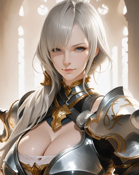 8k, ultra realistic, soft lighting, artistic,beautiful cool woman, cool-looking woman, voluptuous female knight with very large breasts, wearing heavy armor that reveals her cleavage. She has long silver hair and striking blue eyes. Her armor is ornate and...
