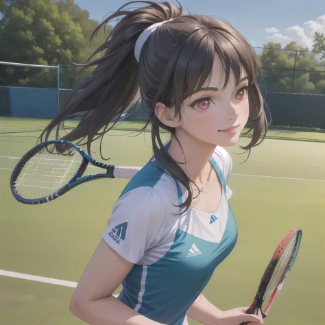 A young female tennis player in a sleek blue outfit stands ready, gripping her racket with both hands in a poised stance. Sunlight accentuates the crisp lines of her attire and the polished strings of the racket. Her determined gaze locks onto an unseen op...