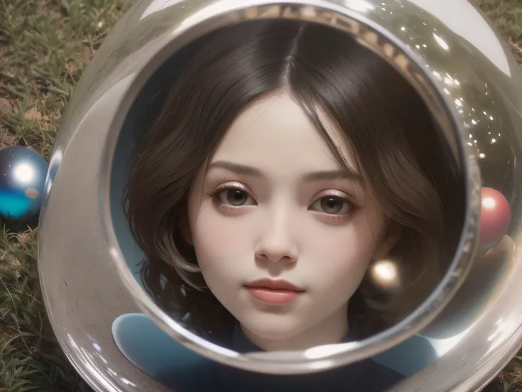 382 (20 year old woman),(short hair),(gentle smile),(high quality photos),( cinematic pictures playing on the lawn ),(colorful),(Crystal Ball),((contrast between light and shade)) ,(Da Vinci )