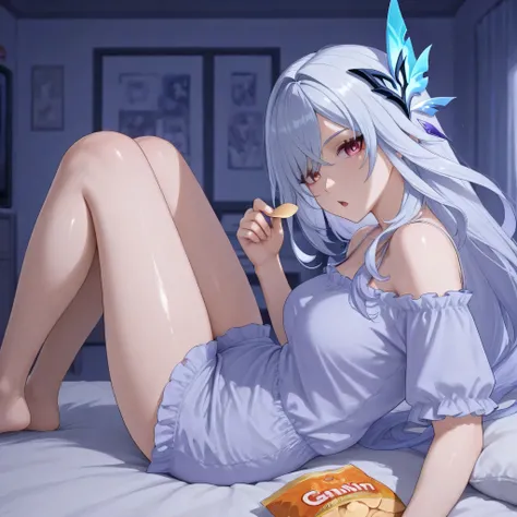 skirk genshin impact, clueless face, chestnut mouth, 1 girl, head tilt, casual clothes, lying on bed sideways, holding chips, view from side, shiny long legs, showing feet, gaming room in the background