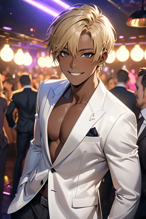 (solo idol japanese african black boxer boy), blond short Hair, Nightclub host, suits, detailed Black Eyes, (dark skin:1.5), best quality, 4k, 8k, highres, (masterpiece:1.2), ultra-detailed, (photo realistic), looking at viewer, (smile:05),
