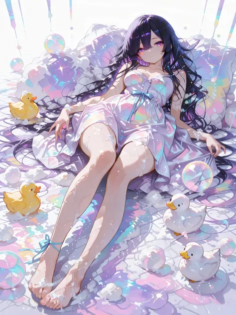 wide shot,full body, 11 woman, sharp purple eyes , multicolored eyes , hair between eyes , long side bangs , black hair with fine purple strands , very long hair , medium breasts , cool, beautiful, very cute, lovely, kawaii, fluffy wavy hair,sundress,spr...