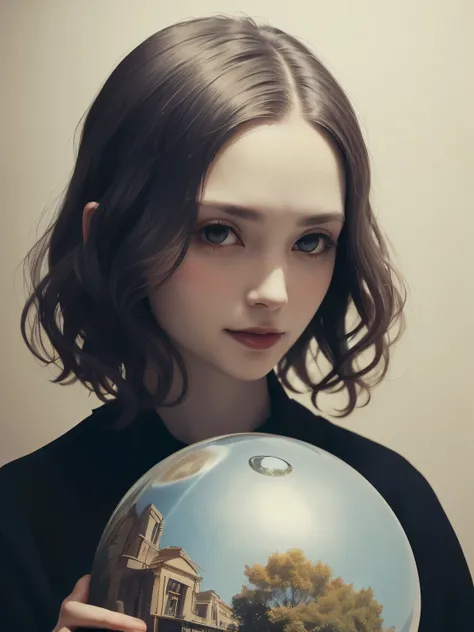 383 (20 year old woman),(short hair),(gentle smile),(high quality photos),( cinematic pictures playing on the lawn ),(colorful),(Crystal Ball),((contrast between light and shade)) ,(Da Vinci )
