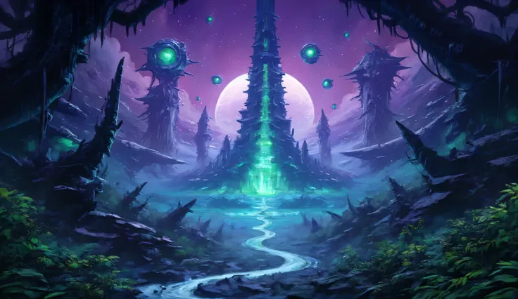  Alien Era (Far Future/Post-Human)
Key Elements:

Bioluminescent flora/fauna, crystalline structures, alien megastructures.

Surreal lighting (purples/greens) with floating islands or inverted gravity zones.

No visible humans—only alien relics or energy b...