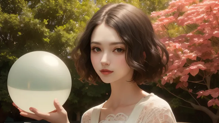 383 (20 year old woman),(short hair),(gentle smile),(high quality photos),( cinematic pictures playing on the lawn ),(colorful),(Crystal Ball),((contrast between light and shade)) ,(Da Vinci )