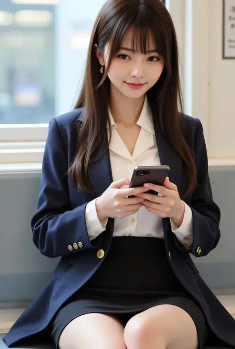 A 20-year-old East Asian woman sitting on a subway seat, viewed from the front. She is wearing a formal office outfit with a white blouse and a fitted blazer, paired with a black mini skirt. Her legs are placed naturally and not crossed, feet flat on the g...
