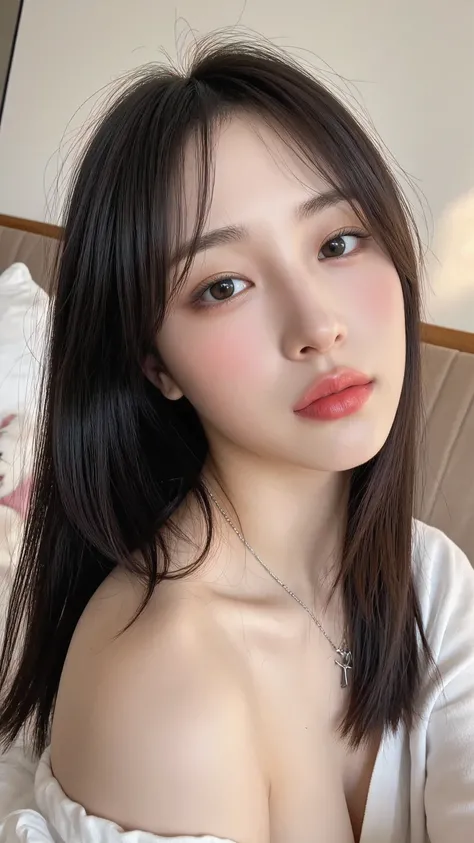 a hyper-realistic selfie of a stunningly beautiful Korean female idol, soft diffused natural light in a cozy bedroom, perfect skin texture with visible light pores and a natural glow, deep expressive eyes with bright catchlights, natural glossy pink lips, ...