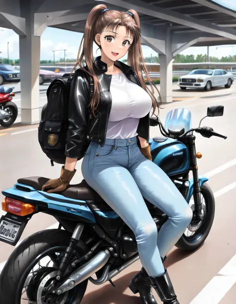 cinematic lighting,Soft Light,masterpiece, newest, lively, very aesthetic, high contrast,mature women who are rebellious to me,solo,((KanouRyouko, twintails, brown hair, long hair, brown eyes)),((Leather Gloves, black rider's jacket that crosses a Rolls Ro...