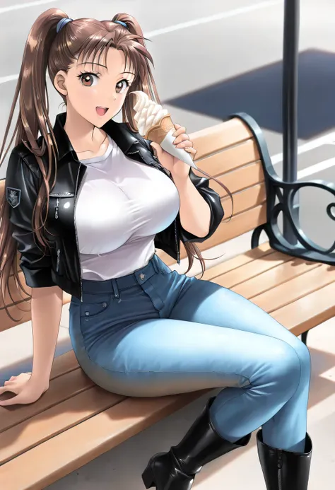 cinematic lighting,Soft Light,masterpiece, newest, lively, very aesthetic, high contrast,mature women who are rebellious to me,solo,((KanouRyouko, twintails, brown hair, long hair, brown eyes)),(( black rider's jacket that crosses a Rolls Royce ,whiteＴshir...