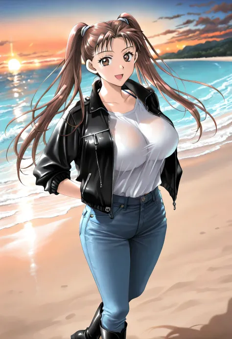 cinematic lighting,Soft Light,masterpiece, newest, lively, very aesthetic, high contrast, sensual atmosphere,mature women who are rebellious to me,solo,((KanouRyouko, twintails, brown hair, long hair, brown eyes)),((black rider's jacket ,whiteTshirt, jeans...