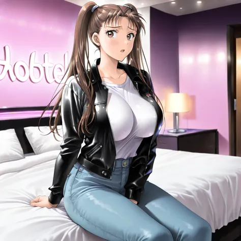 cinematic lighting,Moody Lighting,masterpiece, newest, lively, very aesthetic, high contrast,mature women who are rebellious to me,solo,((KanouRyouko, twintails, brown hair, long hair, brown eyes)),((black rider's jacket ,whiteＴshirt, jeans)), ((Big Breast...
