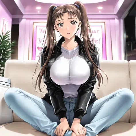 cinematic lighting,Moody Lighting,masterpiece, newest, lively, very aesthetic, high contrast,mature women who are rebellious to me,solo,((KanouRyouko, twintails, brown hair, long hair, brown eyes)),((black rider's jacket ,whiteＴshirt, jeans)), ((Big Breast...