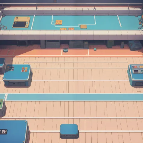 top view, retro video game style,vibrant pastel colors,8-bit characters,blocky shapes,sharp lines,detailed shading,classic gaming vibe,nostalgic atmosphere,classic arcade games,masterpiece:1.2,ultra-detailed,illustration style, 2d texture, parquet floor ba...