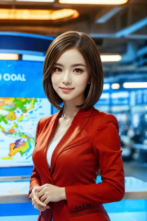 ((best quality)), ((masterpiece)), (detailed), perfect face, textured skin, ((super detail)), high quality, high details, A professional female weather newscaster with a brown bob haircut is presenting the global weather forecast. She is wearing a red suit...
