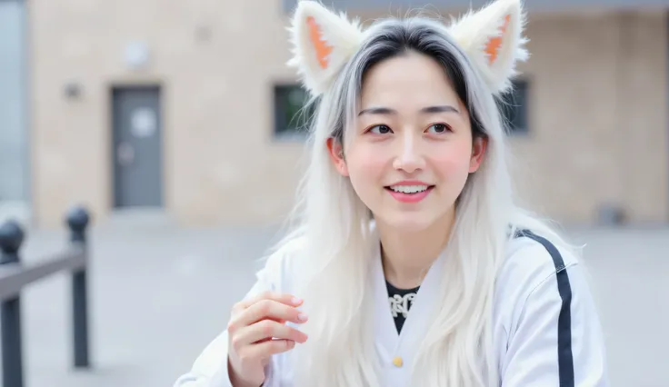 Michimichi3 face, perfect resemblance, white fox outfit, white fluffy fox ears, white hair, unique hat, detailed costume, in beautiful snowy world, cute expression, ultra high quality, highly detailed, masterpiece
