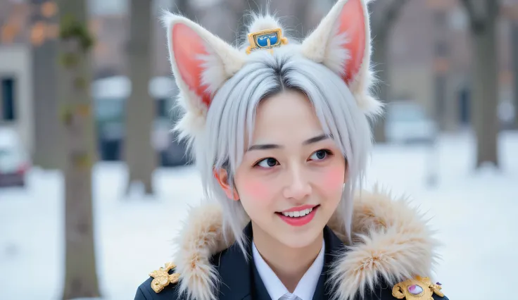 Michimichi3 face, perfect resemblance, luxurious white fox outfit, white fluffy fox ears, white hair, unique elegant hat, ornate costume, in luxurious snowy scenery, cute expression, ultra high quality, highly detailed, masterpiece