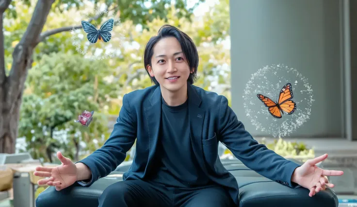 handsome man, surreal, high resolution, sharp face, wide open arms, floating butterflies, otherworldly atmosphere