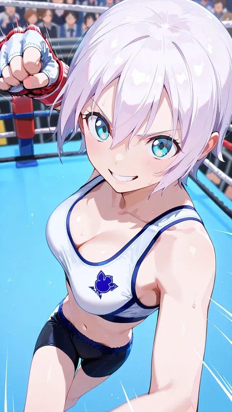 lisanna strauss, short hair, blue eyes, hair between eyes, white hair,, solo, Detailed eyes, white sports bra, black sports very short spats, white fingerless gloves, thigh, cleavage, slim long legs, medium breast, serious grin, looking at viewer, Detailed...