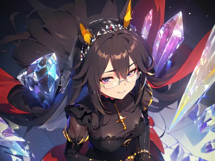 (Sister Princess:2), (Solo, Alone, Girl, Horse ears, Sitting punishment, Arms on crotch, Glasses, Super long hair, No ears, Sharp eyes, Intense smile, Breasts hidden by clothes, 3/4 sleeves, See-through black lace long wedding dress, High waist short skirt...