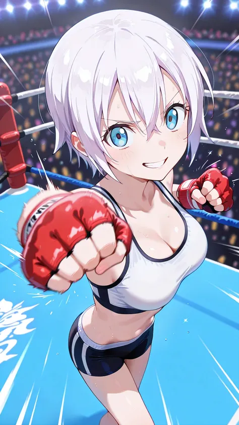 lisanna strauss, short hair, blue eyes, hair between eyes, white hair,, solo, Detailed eyes, white sports bra, black sports very short spats, white fingerless gloves, thigh, cleavage, slim long legs, medium breast, serious grin, looking at viewer, Detailed...